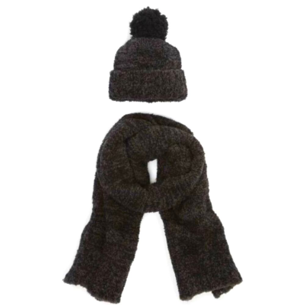 NWT Barefoot Dreams CozyChic Pom Pom Beanie & Scarf Set Espresso Cocoa